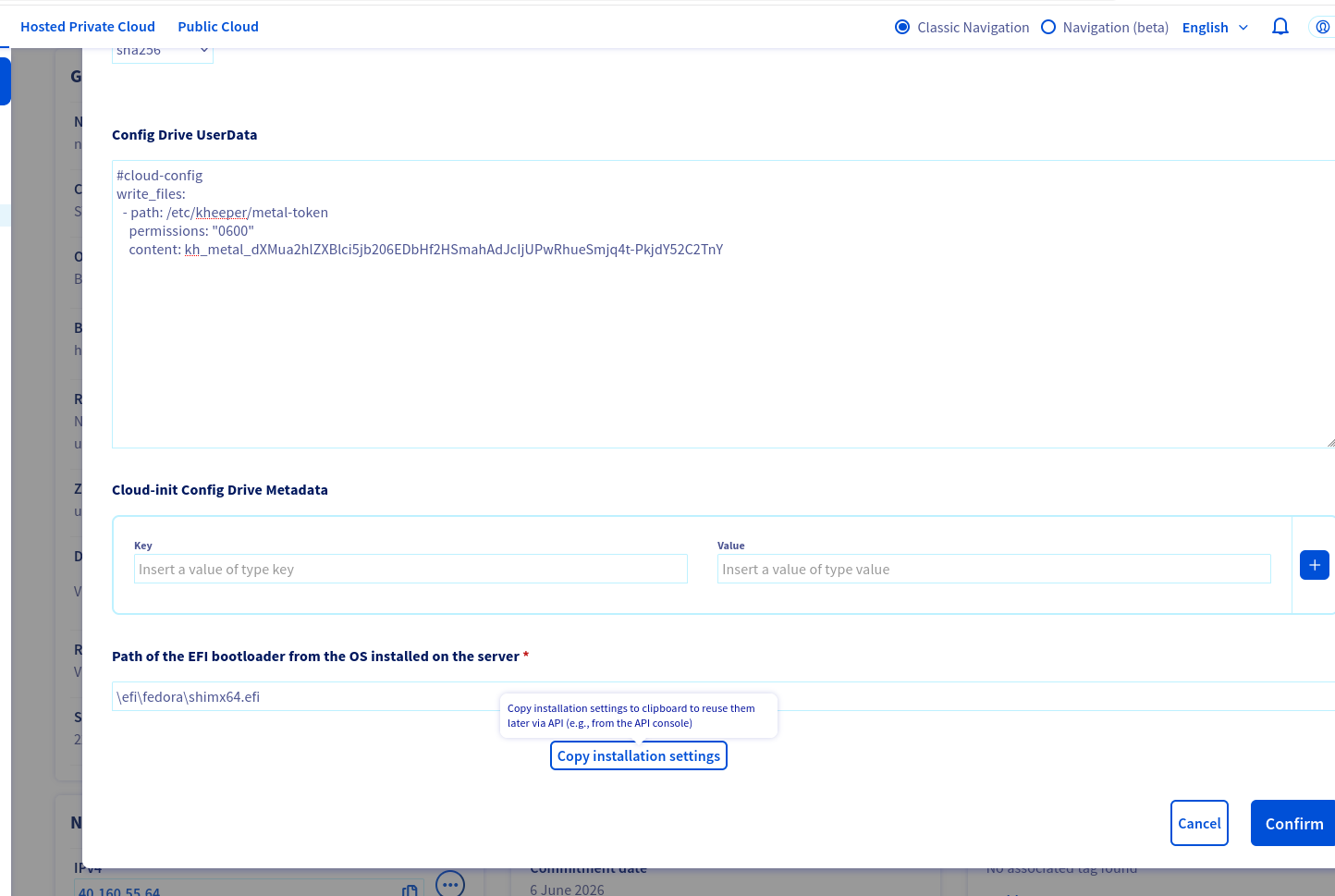 OVH BYOI form: config drive UserData and EFI bootloader path